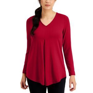 JM Collection Petite V Neck Pleat Front Tunic